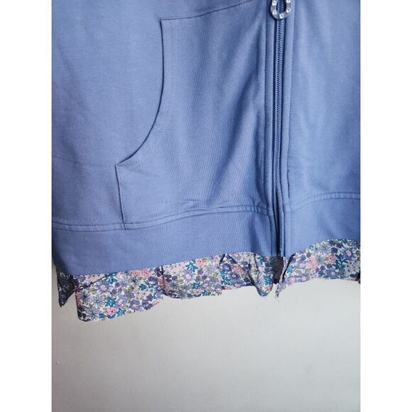 Quacker Factory Women Blue Full Zip w/Floral Hem Cotton Hoodie Sweater size 2X - Picture 4 of 10